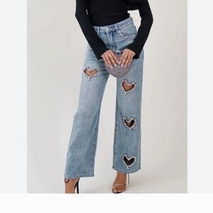 Kiwi Light Blue Heart Cutout Wide Leg Jeans